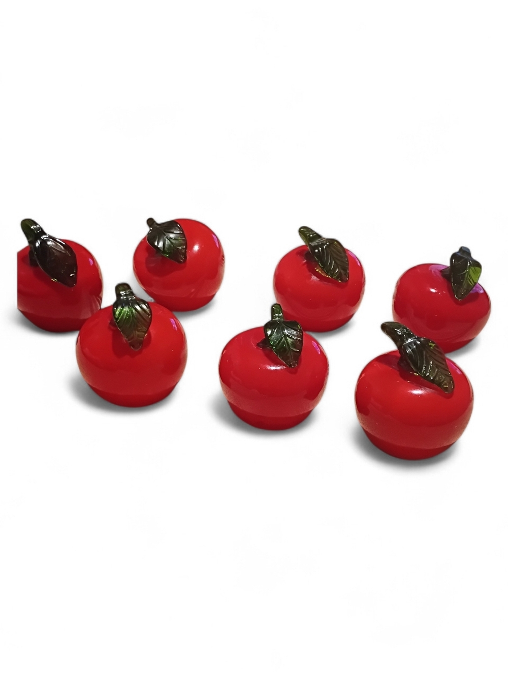 Vintage blown Red Glass Apple Accents with Green Leaves - Set of 7 GUC. OBO